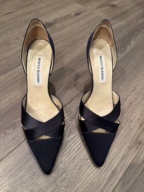 Manolo Blahnik Black Satin Pointed D'Orsay Pumps with Crisscross Straps